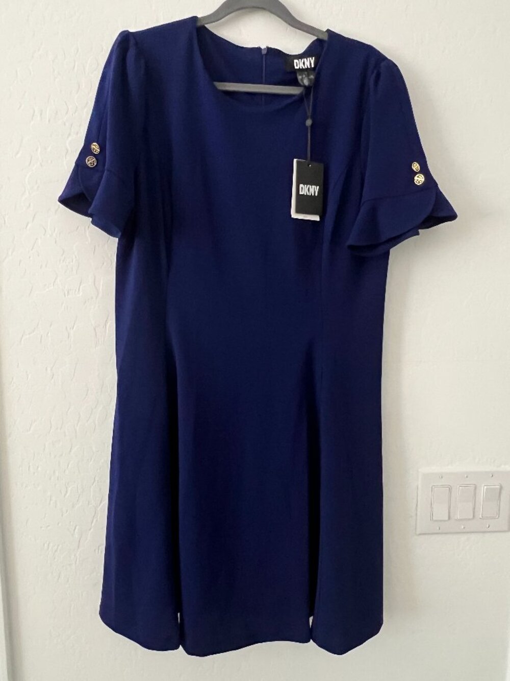 DKNY Womens Royal Blue Shift Dress Ruffle Sleeve Gold Logo Buttons Size 14 NWT